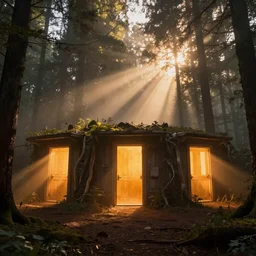 glowing doors of a bunker in a forest, sunset, light fog, strong sunbeams are breaking through the tall trees, 4k, ultra details, cinematic, epic style, beautiful photo, hyper realistic, octane render, unreal engine, award winning, on artstation, volumetric lightning, masterpiece, golden hour,