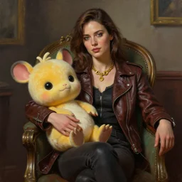 woman with brown hair sitting in a chair wearing a leather jacket and a golden necklace, huggy wuggy from poppy playtime video game, fullbody, ultra high detailed, oil painting, Greg Rutkowski, Charlie Bowater, Yuumei, Yanjun Cheng, unreal 5, DAZ, hyperrealistic, octane render, RPG portrait, dynamic lighting, fantasy art, beautiful face