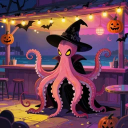 a witchy vampire octopus with legs, who enjoys halloween magic, by lauren faust, digital, painted, halloween decorations, seaside cafe, boardwalk, pink, yellow, black, focused, night, colorful led lights, chromatic aberration, vampire, octopus, four legs