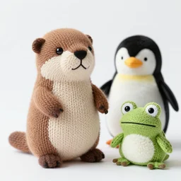 A cute knitted walrus, penguin and frog”