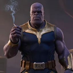 a still from an avengers movie of thanos smoking a cigarette