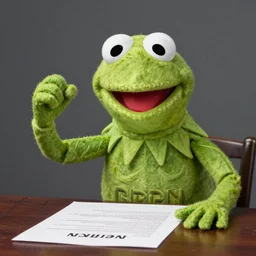 photo of jim Henson\'s Kermit the frog looking incredibly angry to have been served divorce papers, shaking his fist, professional photography, green frog felt Muppet puppet, high definition