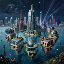 a beautiful detailed painting of floating water residence abandoned industrial architecture by diebedo francis kere, fisheye made of glass liberty city neon noir laser extraterrestial wilderness at dawn nightvision alien retrowave cgsociety, archdaily, wallpaper, highly detailed, trending on artstation.
