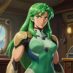 intense demeanor. close detailed painted portrait. ship interior bg. screenshot of a scene in metroid zero of pretty beautiful tall muscular samus by norman rockwell. character designed by hideaki anno. bodysuit. glossy lustrous green hair. digital. lighting by james gurney. trending on artstation. masterpiece. artgerm mucha rutkowski.