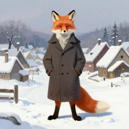 an anthropomorphic fox man wearing a long coat in a snowy village, character illustration by greg rutkowski, thomas kinkade, alphonse mucha, norman rockwell