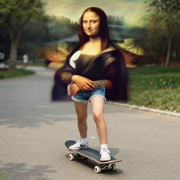 a young girl wearing shorts and sneakers riding a skateboard in the park!, looks like mona lisa, sharp focus, hyper realistic, centered, extremely detailed, long shadows, a painting by leonardo da vinci