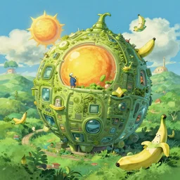 studio ghibli, banana island, solar, green technology, optimist future by asher durand. intricate artwork by tooth wu and wlop and beeple and dan mumford and greg rutkowski and nekroxiii. halo. octane render, cinematic, hyper realism, octane render, 8 k, depth of field, bokeh. iridescent accents. vibrant