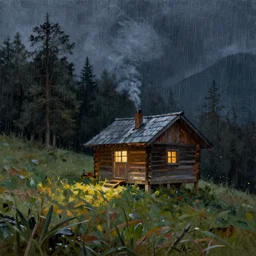 small wooden cabin lost on a hill, trees in the background, at night with a lot of rain, and a little smoke coming out of the chimney, illustration, ismail inceoglu, oil painting