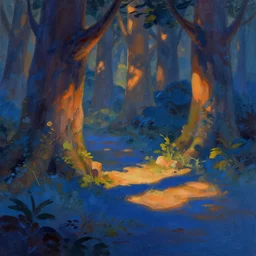 fantasy forest, by, pixar, disney, low warm light, warm, blue shadow, sharp paint brush stroke, anders zorn, artstation
