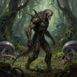 digital painting of side view of swampthing walking in ovni crash site on swamp wasteland, extraterrestrial body parts on the floor, forest, moss, elegant artwork by lee bermejo and greg rutkowski and alphonse mucha