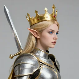 queen elf profile view with crown and armor in golden and silver colors and a curve long sword, full body, detailed face, blue eyes, pricked ears, epic masterpiece of cinematographic hyperrealism, realistic shaded lighting poster by craig mallismo, artgerm, jeremy lipkin and michael garmash, unreal engine, radiant light, detailed and intricate environment, digital art, art station trends