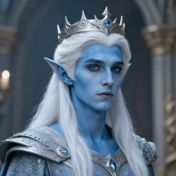 the prince of frost standing alone in his court, single person, archfey, head and shoulders portrait, fantasy, white hair, blue skin, wild eyebrows, young adult, elf, crown, hard edges, hard lighting, professional lighting, trending on cgsociety