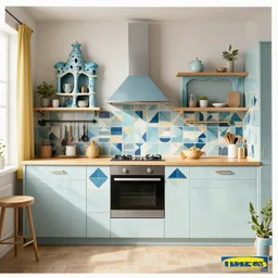 IKEA catalogue, vaporwave kitchen with geometric tiles, gaudi