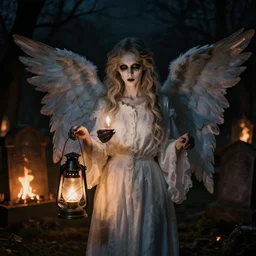 portrait photo still of a spooky angel of death holding a match, lanterns, in front of an old cemetery on fire at night, 8 k, 8 5 mm f 1. 8