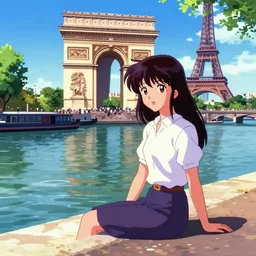 woman sitting by the river in paris, pixels, sprite, graphic novel, visual novel cg, 8 0 s anime vibe, kimagure orange road, maison ikkoku, trending on artstation, 2 d hd, 3 2 x 3 2