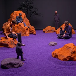 a solarpunk zen garden by simon stalenhag and hubert robert and zacharias aagaard and gillis rombouts and samuel beal, hyperrealism!, purple sand, orange rocks, chiaroscuro!!!!, tonalism!, desaturation, high contrast, vibrant!, highly detailed, volumetric light