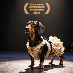 professional stage photography of a dachshund in an opera dress
