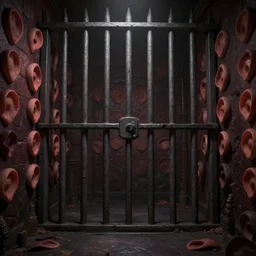 dim lit, dark jail, walls made of ears, highly detailed illustration, pixar movie style, 8k, high details, trending at artstation
