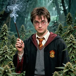 harry potter with red eyes in a jungle of weed plants, holding a joint as his wand, his wand he is holding is a joint, smoke coming out of it, and smoking weed and surrounded by green dense weed kush plants, smoke in front, smoke behind, smoke background, red bloodshot eyes, smoking weed, hyper detailed, cinematic lighting, studio quality, smooth render,