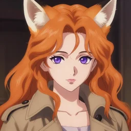 portrait illustration by shigenori soejima, beautiful girl with fox ears, focus on face, purple eyes, pretty, cinematic lighting, painterly, long wavy orange hair, light brown trenchcoat