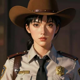 full size persona, female sheriff, detail, ultra sharpness, beautiful female, detailed face, art by huyy nguyen, style by cain kuga, cowboy bebop art style
