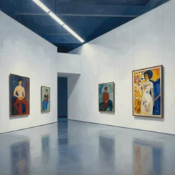 painting of a wide angle interior shot of a white concerete brutalist museum with modern contemporary art on the wall with glossy floor by darek zabrocki and greg ruthkowski, alphonse mucha, simon stalenhag and cinematic and blue cold atmospheric, archillect concept art, artstation, trending on artstation