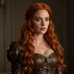 portrait of beautiful woman, red hair, steam punk dress, sharp focus, high detailed, concept art, caustics, kelly mckernan