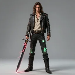 tall, lean man with long wavy brown hair. He wears a torn-up leather jacket and a beige cloth shirt underneath. Black pants, and cowboy boots. Pale green glowing energy glows through the tears in his clothes, and he carries a large crystalline black longsword with red lightning that arcs across the blade. Portrait. by craig mullins, featured on artstation