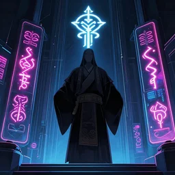 cyberpunk shaman, shaman totems, shaman symbols, shaman architecture, neon billboards, neon lights, elegant, ultra sharp lines, 4 k, anime key visual of monuments, neons, vibrant colors, finely detailed perfect details, delicate features, trending on pixiv fanbox, extremely high quality artwork
