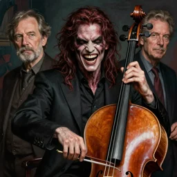 hyper realistic portrait of a peter seiman cello by bob eggleton and affandi and carne griffiths, cinematic, artstation, evil, possessed, scary, cgsociety,