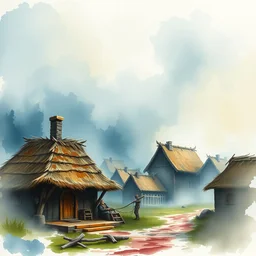 paint brush strokes, abstract watercolor painting of rustic village, thor arrival to ragnarok, mysterious mythology, medieval straw roof, scandinavian viking age, fog, ambient lighting, art by hans dahl, by jesper ejsing, art by anders zorn, wonderful masterpiece by greg rutkowski, cinematic light, american romanticism by greg manchess, creation by tyler edlin