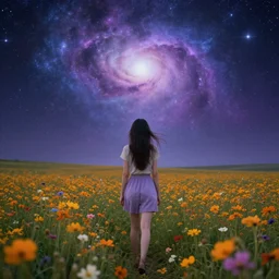 girl among the flower field looks at the cosmic sky, epic, 4 k, high detalied, hyper realistic