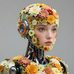 a close up of a robot with flowers in it, character portrait by maria johanna gortz and frieke janssens, cgsociety, generative art, made of flowers, reimagined by industrial light and magic, sci - fi