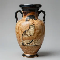 ancient greek vase depicting a man hugging a cat