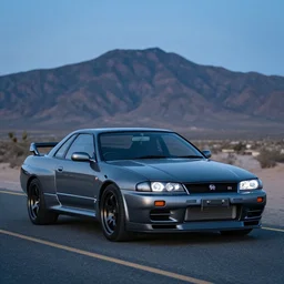 three quarter front photo of a stock grey nissan r 3 2 skyline gt - r on a road in a desert with a mountain in the background in the early morning, car photography, zoom lens, blue hour, photorealistic