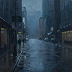 melancholy on an empty street in a cyberpunk city during a rainy night, oil on canvas