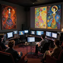 a writer's room, lots of screens and cinema, super cinematic, detailed, wonderful creative, by charles addams and hilma af klint and affandi