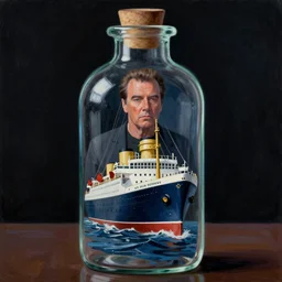 a ship in a bottle but instead of a ship it is jack nicholson in the bottle, the shining, masterpiece painting by artgerm, greg rutkowski, tom bagshaw