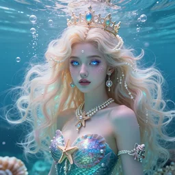“ cate blanchett portrait, fantasy, mermaid, hyperrealistic, game character, underwater, highly detailed, sharp focus, cinematic lighting, pearls, glowing hair, shells, gills, crown, water, highlights, starfish, jewelry, realistic, digital art, pastel, magic, fiction, ocean, king, colorful hair, sparkly eyes, fish, heroic, goddess, waves, bubbles, queen ”