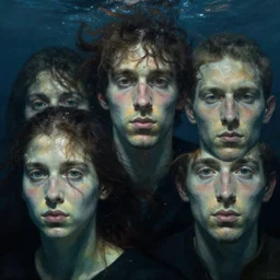 hyperrealist portrait underwater dark ocean wet by lucian freud and victo ngai and ilya repin very detailed faces