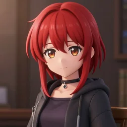 nendoroid of a girl with a red sidecut, brown eyes and emo clothes