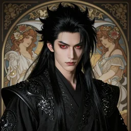 mazoku warrior, handsome japanese demon boy, young adult mazoku man with long wild spiky black hair, vantablack clothes, red eyes, ultra realistic, intricate details, eerie, highly detailed, photorealistic, octane render, 8 k, art by artgerm, greg rutkowski, charlie bowater, magali villeneuve, alphonse mucha