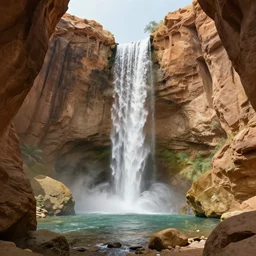 a waterfall in the interior of a ancient arabian structure, epic retrowave art, trending on art station