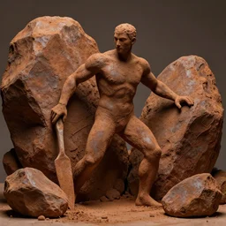 highly detailed photography of a men made of rust clay, big rocks, sharp focus, clay texture, dramatic scene, aesthetic, dynamic lighting, elegant, harmony, masterpiece, by roberto ferri, high quality, spatula