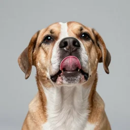 studio photography of a dog licking his face with his tongue, detailed face, 8 k