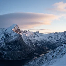 landscape photography, norwegian mountains, cold lighting, morning hour, mountains, clouds, beautiful, kodachrome, 4 k, hd