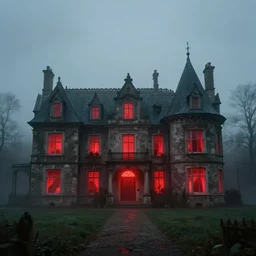 photograph of a utopian manor by sophia rapata art, scary, red lights, 1 9 1 6, fog, atmospheric
