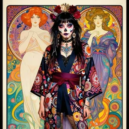 cute punk goth fashion fractal Día de los Muertos tattooed hippy girl wearing kimono posing by Zhang Jingna, psychedelic poster art of by Victor Moscoso Rick Griffin Alphonse Mucha Gustav Klimt Ayami Kojima Amano Charlie Bowater, masterpiece
