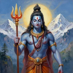 an extremely detailed painting of lord shiva, holding his trident, moon in his crown, himalayas in background, fantasy art, beautiful