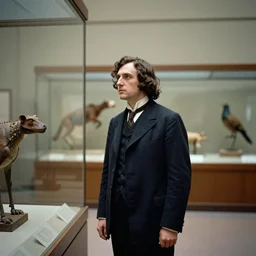 an image of a beautiful archduke visiting the museum of nature in a medium full shot, vintage historical fantasy 1 9 3 0 s kodachrome slide russian and japanese mix, with fair skin, long, wavy dark brown hair, and eyes the color of rusted metal. he is photographed touring the museum. he is wearing a dark navy suit.